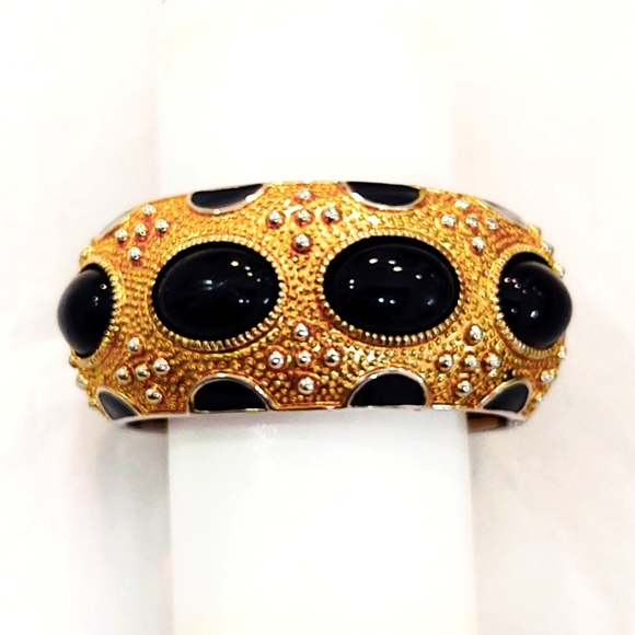 Vintage Jewelry - Vintage Black and Gold Oversized Studded Clamper Bracelet